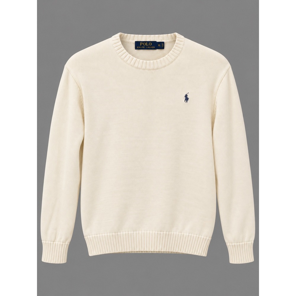 Polo Ralph Lauren Mens XL Cream Off White Cotton Crewneck Sweater Navy Pony Logo